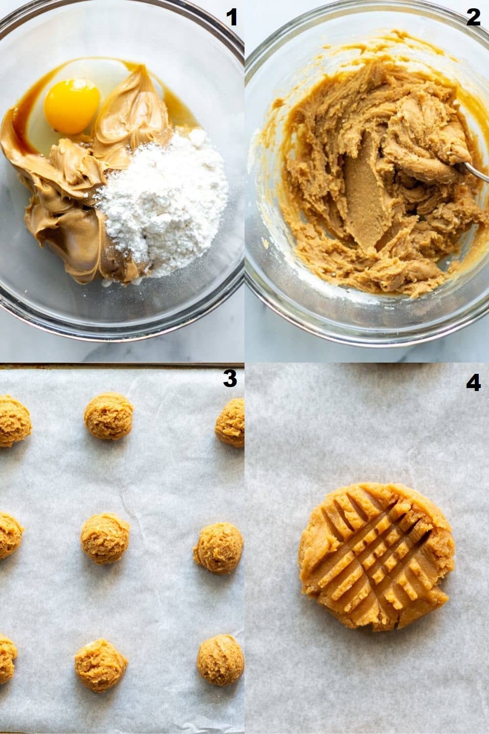 a collage of four images showing steps for making peanut butter cookies