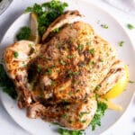 a whole chicken seasoned with herbs and lemon on a round white platter next to an instant pot.