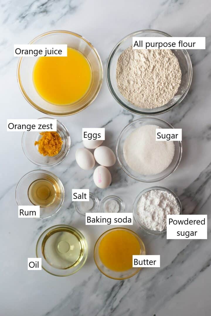 All of the ingredients to make Italian Hangover Cake in separate bowls.