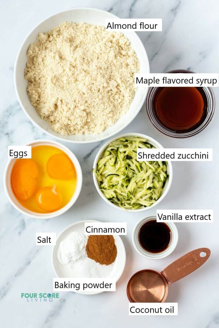 Ingredients to make keto zucchini bread in individual bowls.