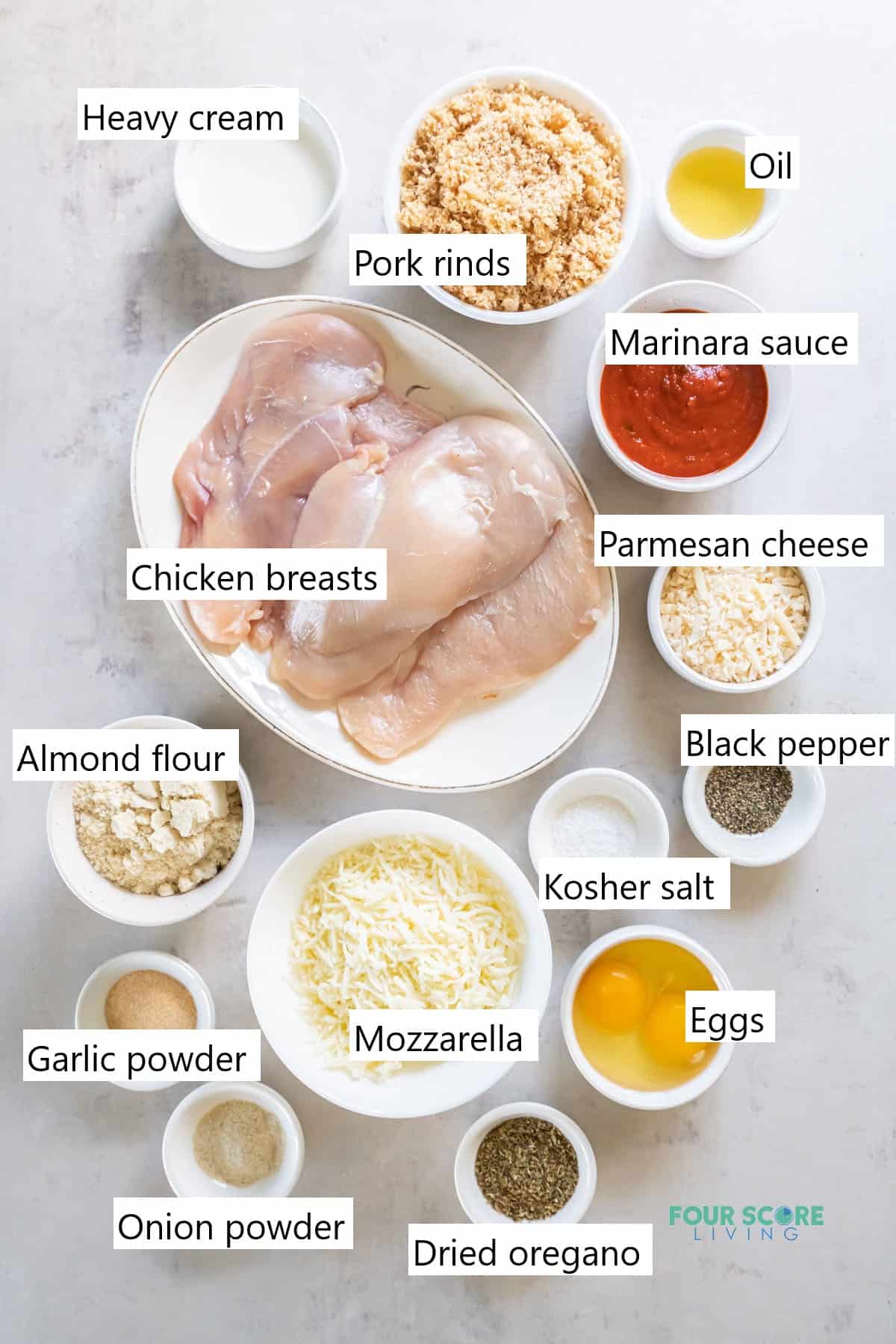 Individual bowls of the ingredients needed to make keto chicken parmesan.