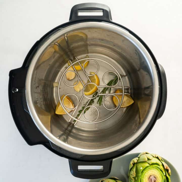 An instant pot has been prepared with a trivet, water, garlic, lemon wedges and fresh herbs.