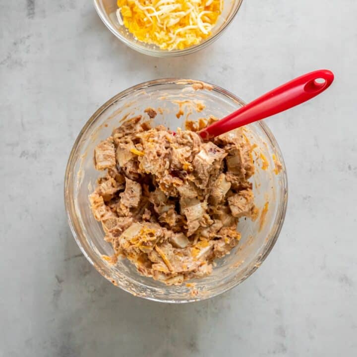 Glass bowl with the fully combined casserole mixture.