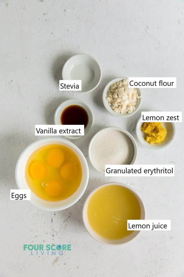 Ingredients needed for the lemon bar filling in separate bowls.