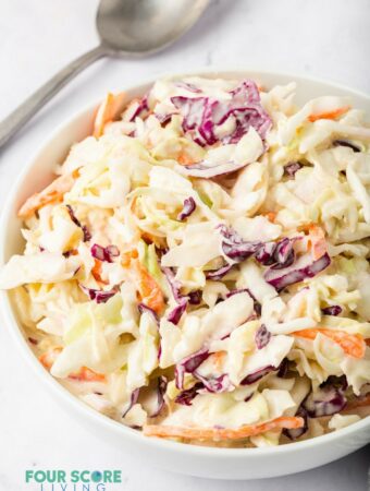 keto coleslaw in a white bowl.