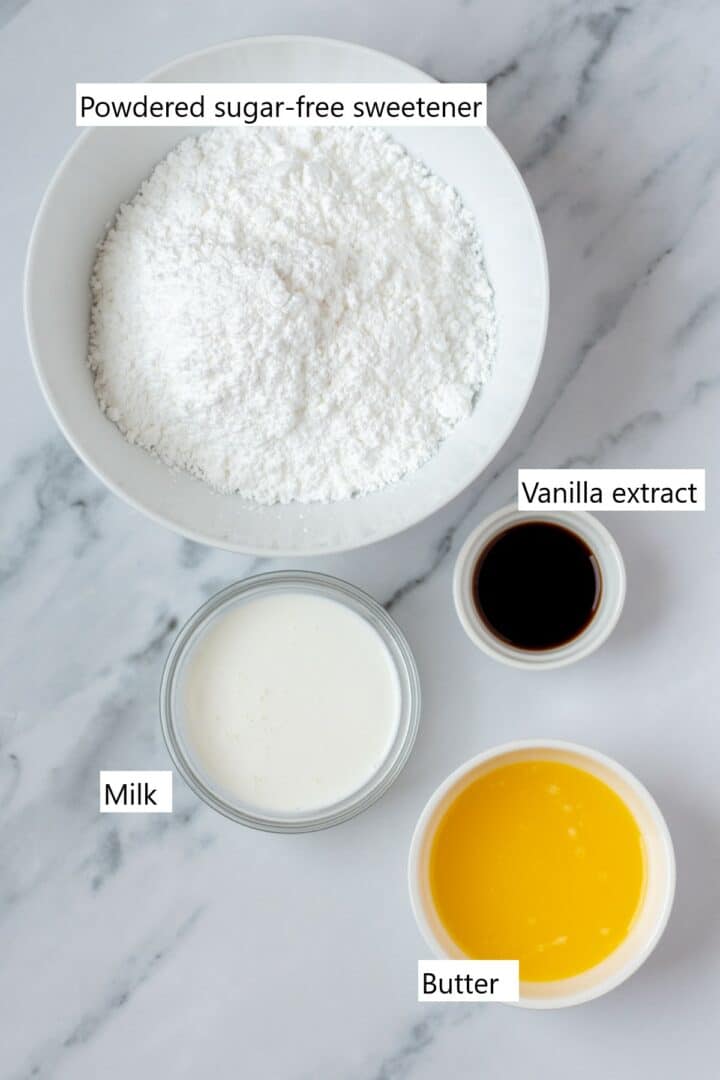 Individual bowls of the ingredients needed to make the icing for keto pumpkin bread.