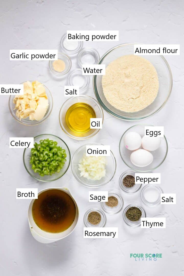 Individual bowls containing the ingredients for making low carb stuffing.