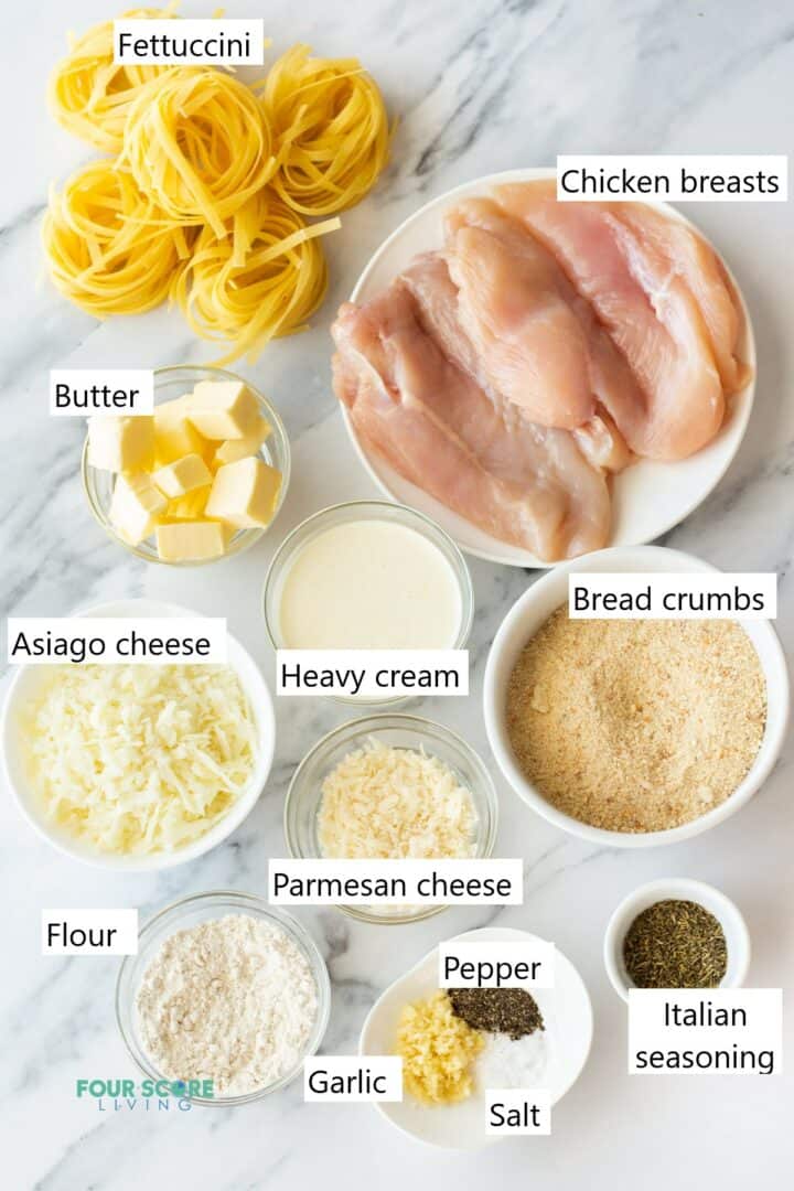 Ingredients for making chicken fritta in individual bowls.