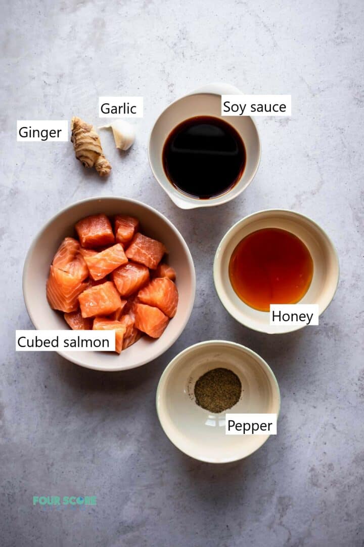 Ingredients needed for making honey garlic salmon bites.