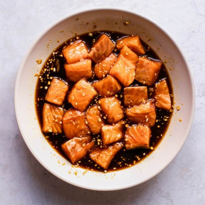 Salmon nuggets marinating in the honey, garlic and soy sauce mixture.