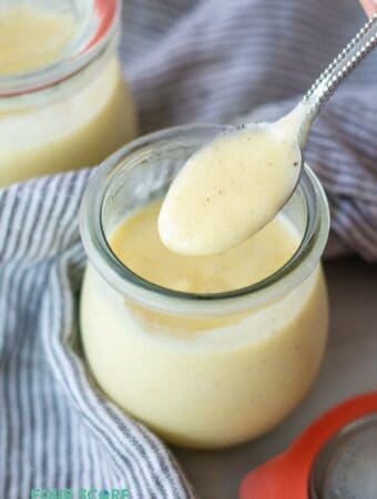 A spoonful of vanilla pudding over a jar of keto pudding.