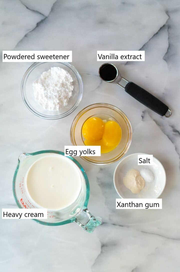 Ingredients for making keto vanilla pudding in individual bowls.