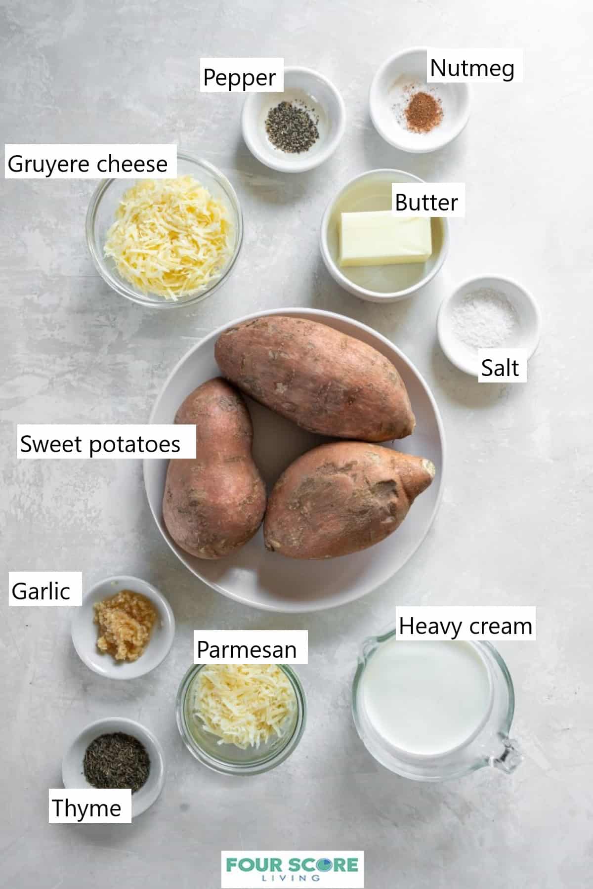 Ingredients for making scalloped sweet potatoes in individual dishes.