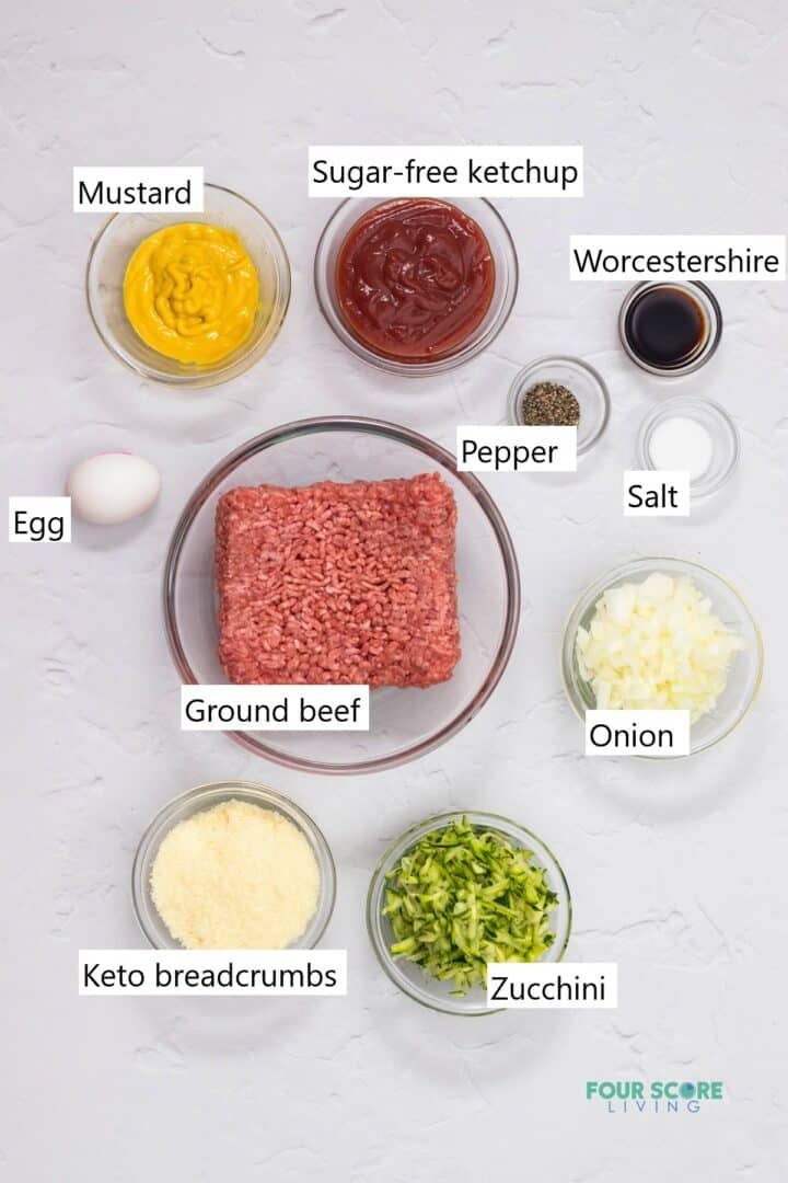 Ingredients for making low carb meatloaf in individual glass bowls.