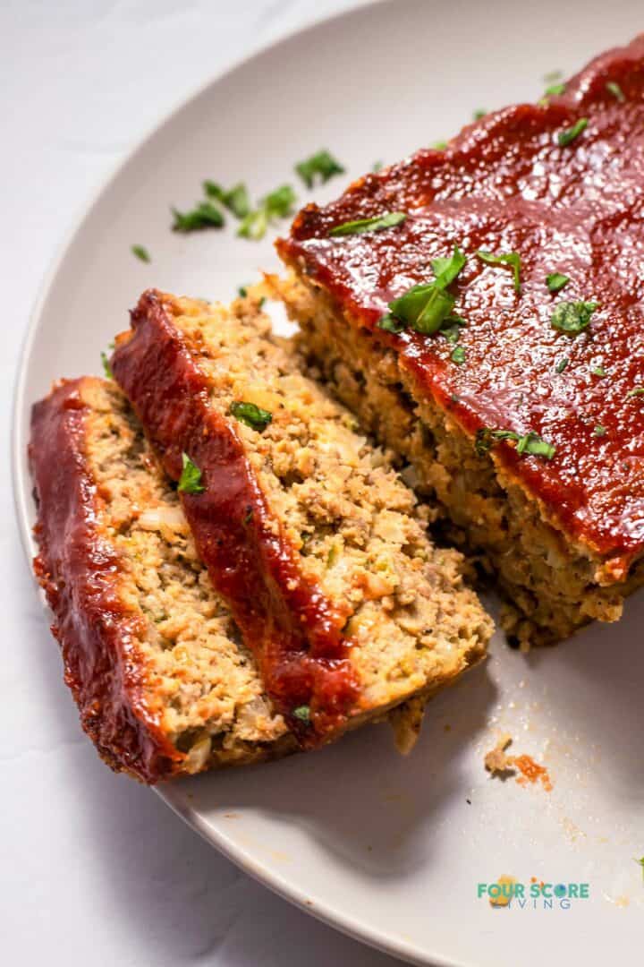 Low carb meatloaf with two slices laying on their side.