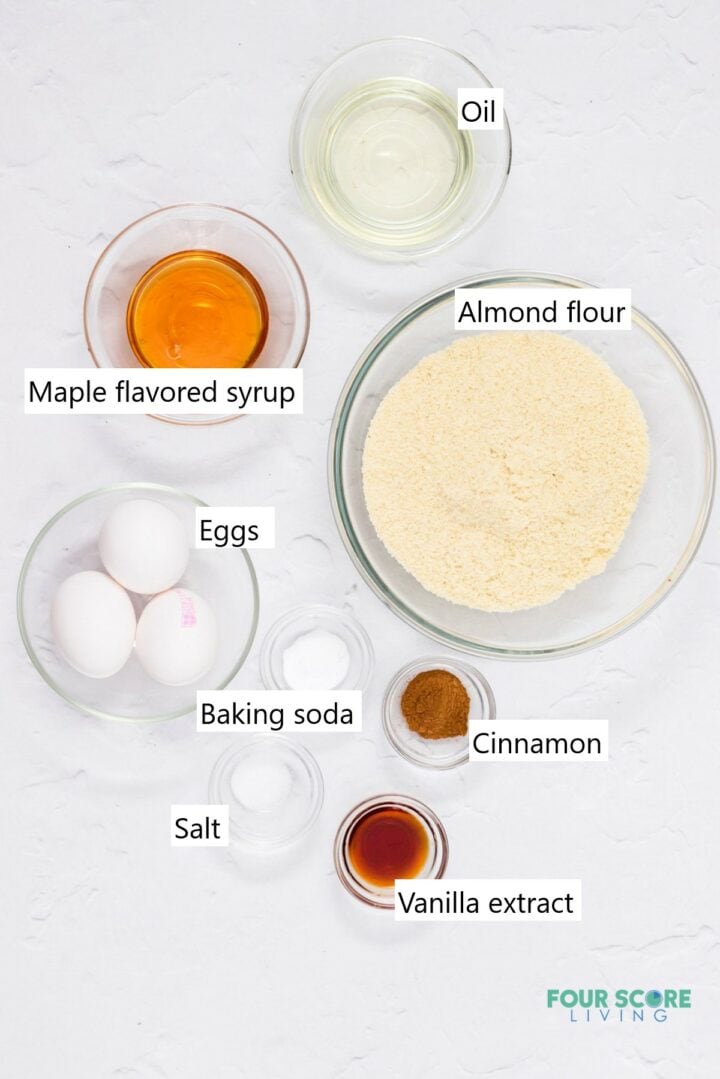 The ingredients needed to make a keto coffee cake all measured and in individual bowls.