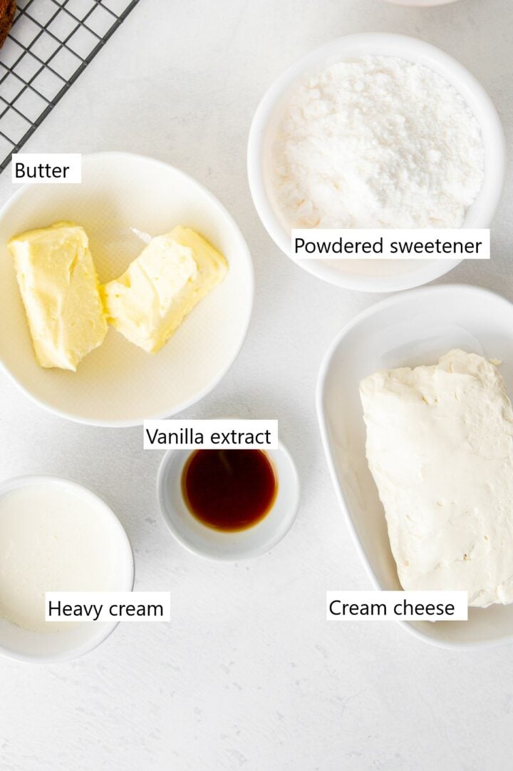 Ingredients needed for making a keto cream cheese frosting.