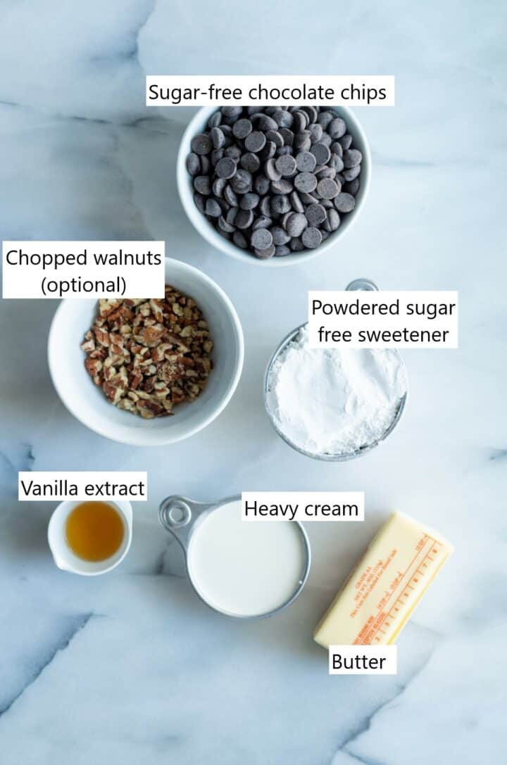 Ingredients needed to make keto fudge all in individual containers.