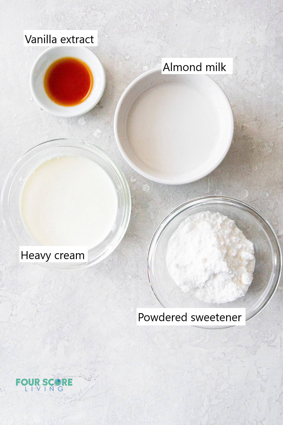 Ingredients needed to make keto coffee creamer, all in individual bowls.